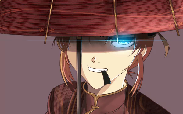 HD PC desktop wallpaper featuring Kagura from the anime Gintama, with a close-up of her face partially shaded by a traditional red umbrella.