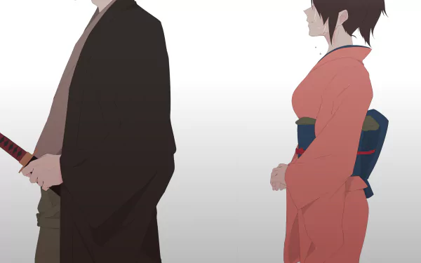 HD anime wallpaper depicting samurai Kondo Isao holding a sword and Tae Shimura in a kimono with a ponytail, both showing emotional, crying expressions from Gintama.