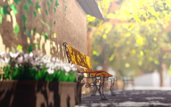 Anime-style HD desktop wallpaper featuring a serene bench beside a flower bed under a sunny, leafy canopy.