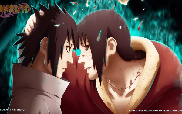 A high-definition desktop wallpaper featuring Itachi Uchiha and Sasuke Uchiha from the anime Naruto, depicting an intense moment between the two characters with a dramatic background.