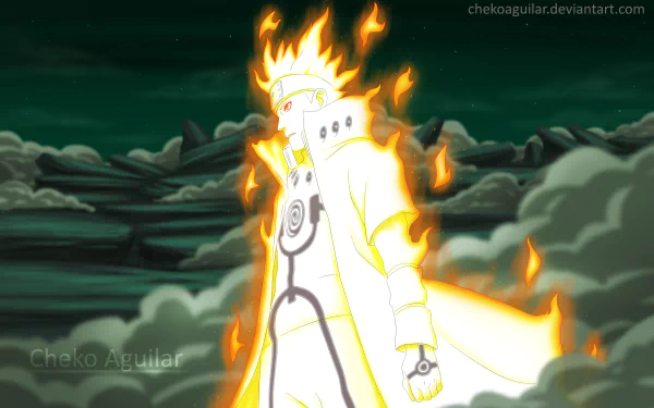 4K Ultra HD anime wallpaper featuring Minato Namikaze from Naruto, glowing with intense yellow chakra against a dark, cloudy night sky background.