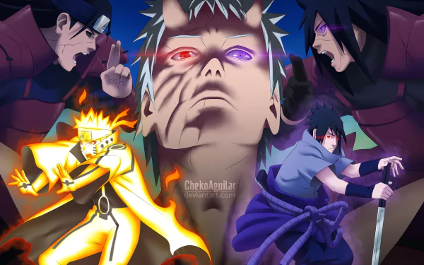 4K Ultra HD Naruto & Sasuke wallpaper featuring iconic ninja characters Hashirama Senju, Madara Uchiha, Obito Uchiha, and the Rinnegan and Sharingan eyes from the anime Naruto.