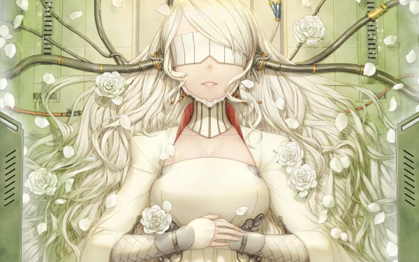 Anime-style HD desktop wallpaper featuring a blonde woman with long hair, blindfolded and connected to wires, surrounded by white flowers in a futuristic setting.