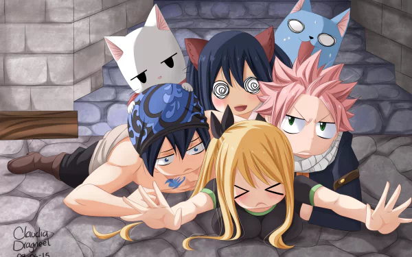 Anime characters from Fairy Tail: Gray Fullbuster, Charles, Happy, Lucy Heartfilia, Wendy Marvell, and Natsu Dragneel, together in a vibrant HD desktop wallpaper.