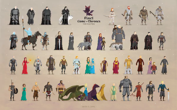 4K Ultra HD PC desktop wallpaper featuring pixel art characters from the TV show Game of Thrones arranged in rows on a neutral background.