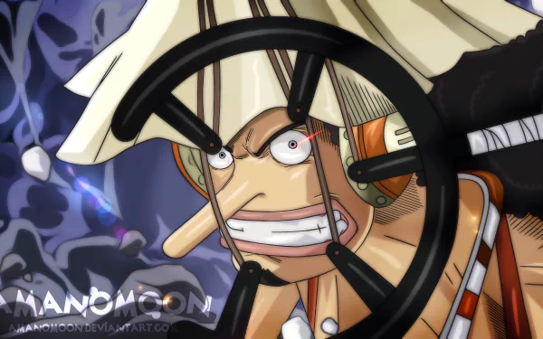 4K Ultra HD anime wallpaper featuring Usopp from One Piece, showcasing his determined expression with a ship's wheel in the foreground.