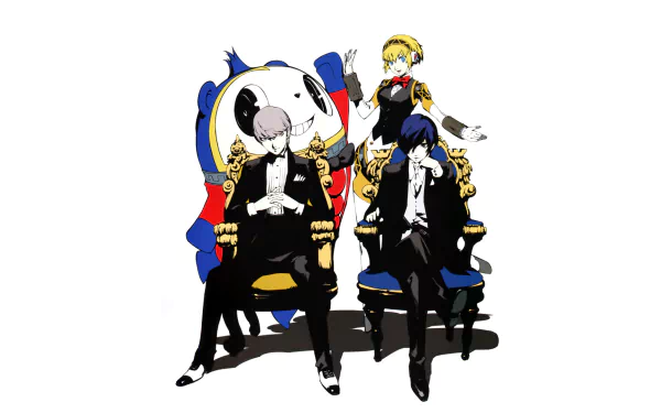 HD PC desktop wallpaper featuring Persona characters Aigis, Minato Arisato, Yu Narukami, and Teddie in a stylish, dynamic video game-themed composition.