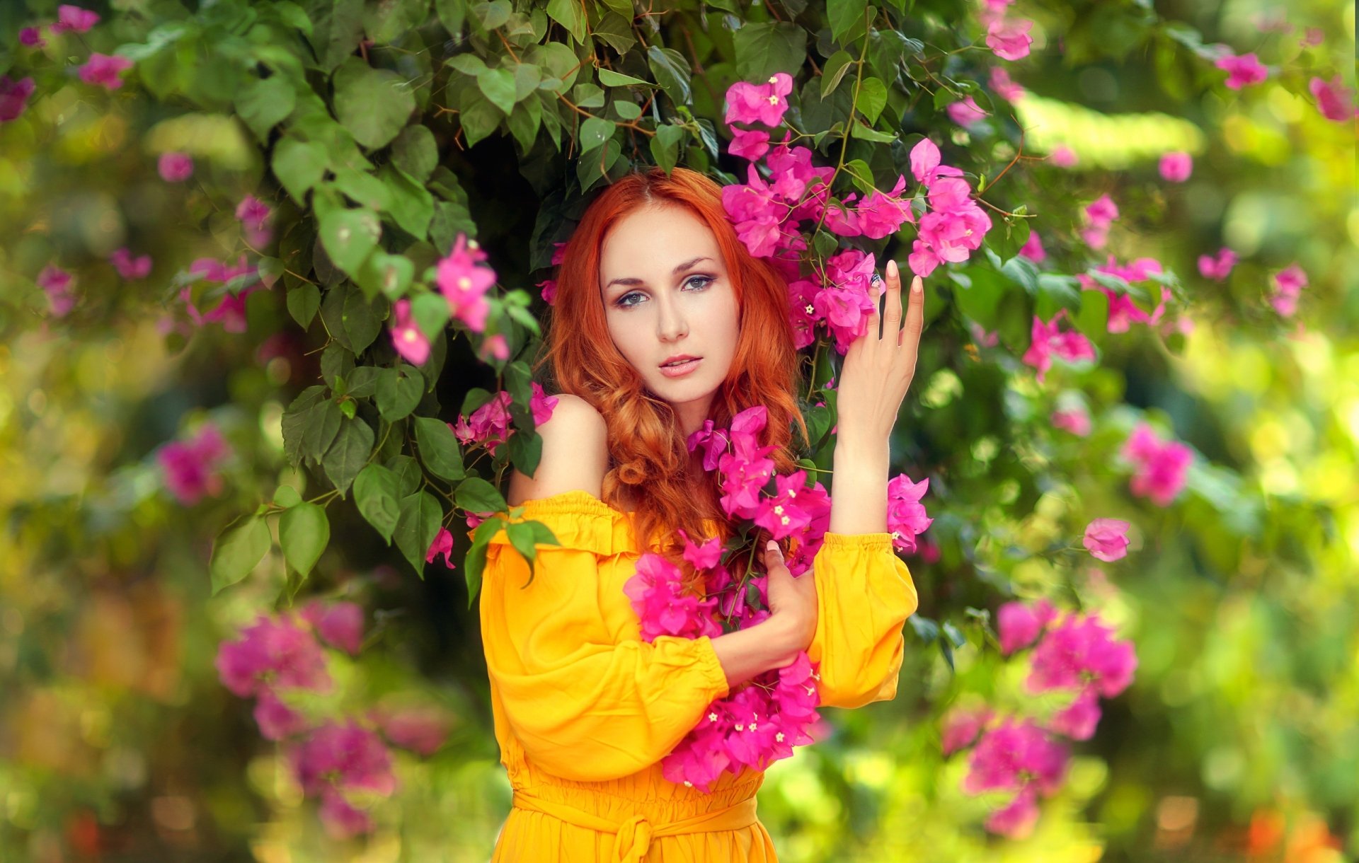 Download Pink Flower Yellow Dress Redhead Woman Model HD Wallpaper