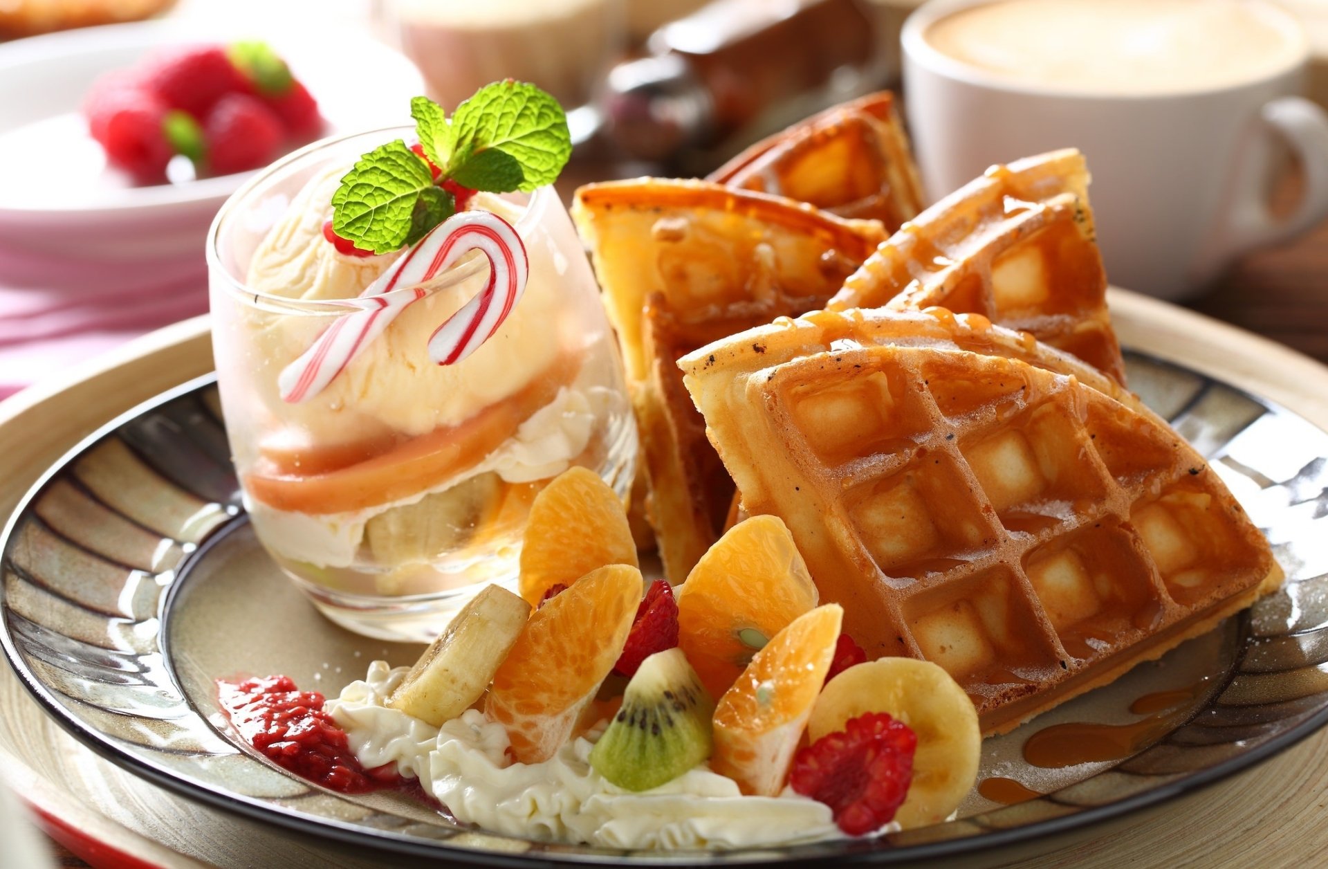 Download Cup Fruit Waffle Still Life Food Breakfast HD Wallpaper