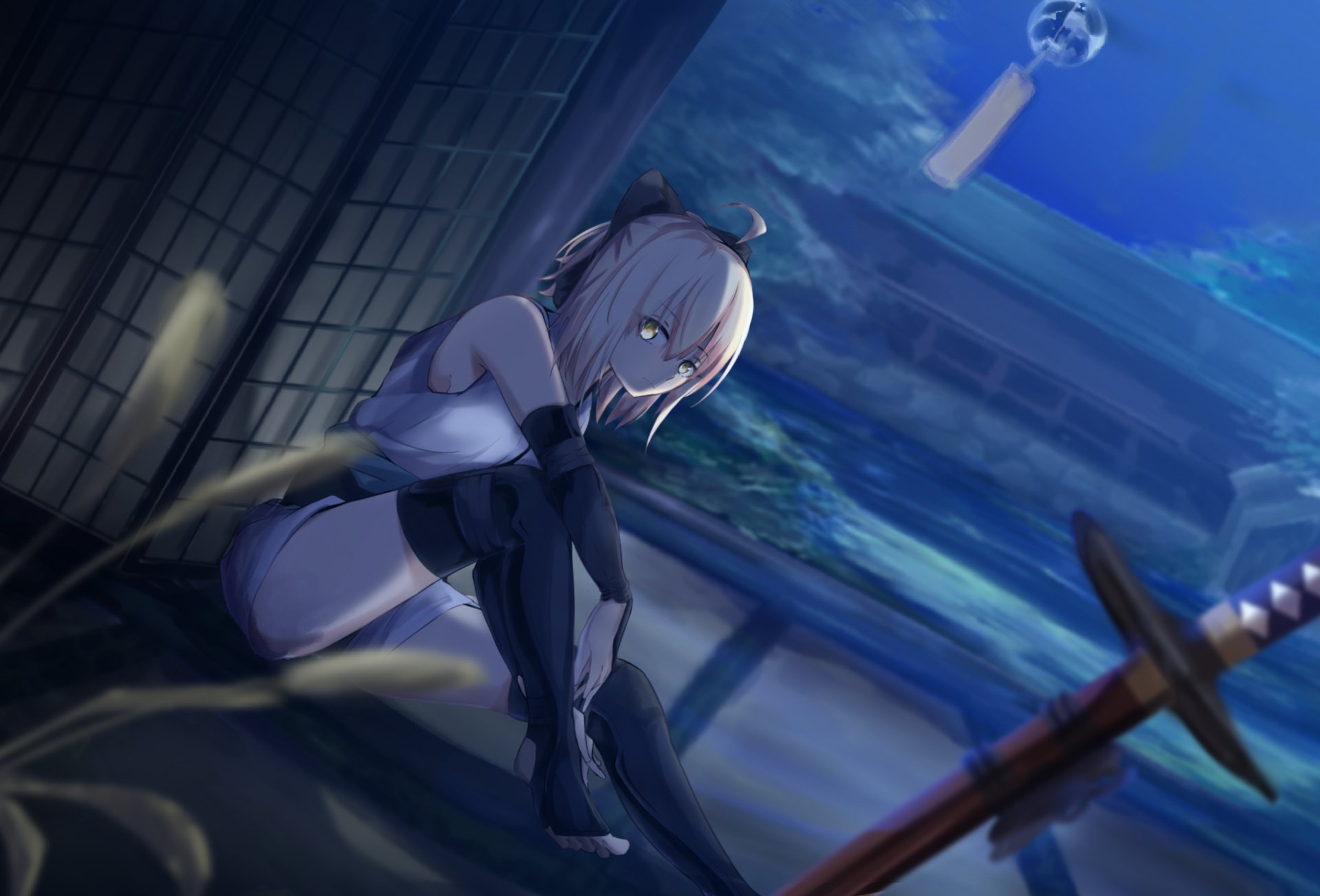 HD PC desktop wallpaper featuring Sakura Saber from the anime Fate/Grand Order, shown sitting thoughtfully at night with a sword resting nearby.