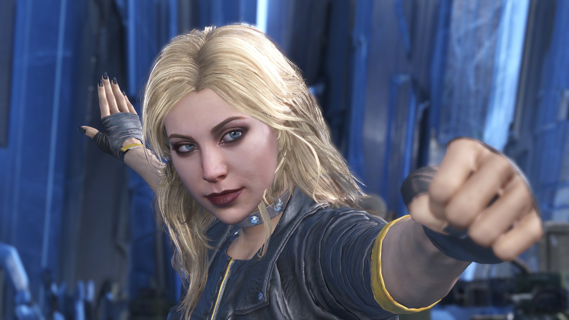 Black Canary from Injustice 2, mid-attack in a 4K Ultra HD video game PC desktop wallpaper with a cool blue crystalline backdrop.