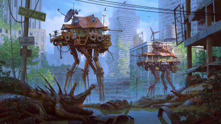 HD desktop wallpaper depicting a post-apocalyptic, sci-fi city with houses mounted on mechanical legs amidst overgrown ruins. A large creature is visible in the foreground, adding to the eerie atmosphere.