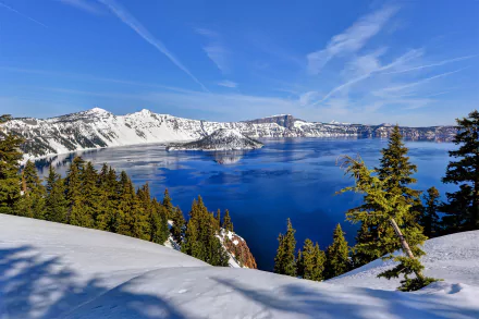 snow island winter lake nature Crater Lake HD Desktop Wallpaper | Background Image