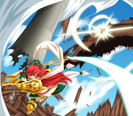 Erza Scarlet from Fairy Tail bursts through debris, red hair and armored gauntlet unleashing energy arcs — 2K Quad HD anime PC desktop wallpaper/background.