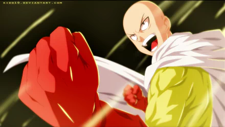 Saitama (One-Punch Man) roaring as he launches a punch, red glove thrust forward, cape billowing — dynamic anime HD PC desktop wallpaper/background.
