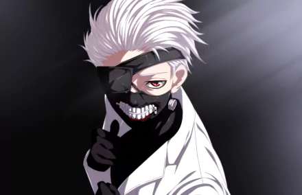 HD PC desktop wallpaper featuring Ken Kaneki from the anime Tokyo Ghoul:re, showcasing his white hair, eyepatch, and menacing mask in a dark, dramatic setting.