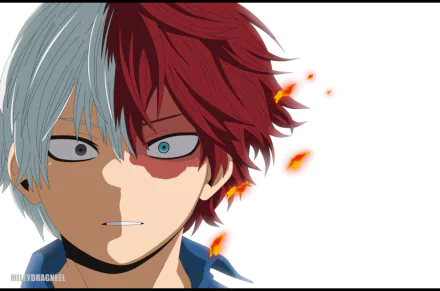 HD PC desktop wallpaper featuring Shoto Todoroki from the anime My Hero Academia, showcasing his dual ice and fire powers with a split-color background.