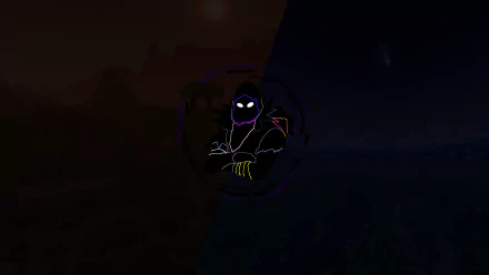 HD desktop wallpaper featuring a glowing, ominous character with bright eyes from Fortnite Battle Royale, set against a contrasting background of mountainous terrain at dusk and a dark night sky.