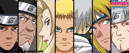 4K Ultra HD anime wallpaper featuring Naruto Uzumaki, Kakashi Hatake, Minato Namikaze, Hiruzen Sarutobi, Tsunade, Tobirama Senju, and Hashirama Senju from Naruto.