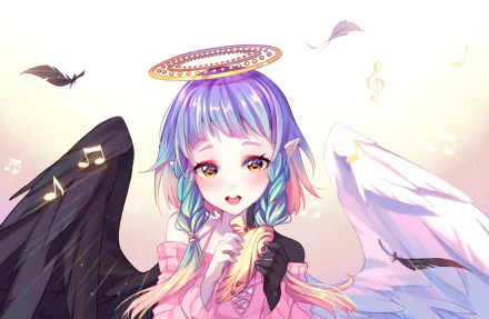 HD anime desktop wallpaper featuring an original anime angel with dual-colored wings, pastel hair, and a glowing halo, surrounded by floating musical notes.
