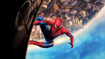 HD desktop wallpaper of Spider-Man from The Amazing Spider-Man 2, depicting the superhero scaling a tall building with a sprawling cityscape below.