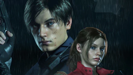 HD PC desktop wallpaper featuring Claire Redfield and Leon S. Kennedy from the video game Resident Evil 2 (2019) under a rainy, dark atmosphere.