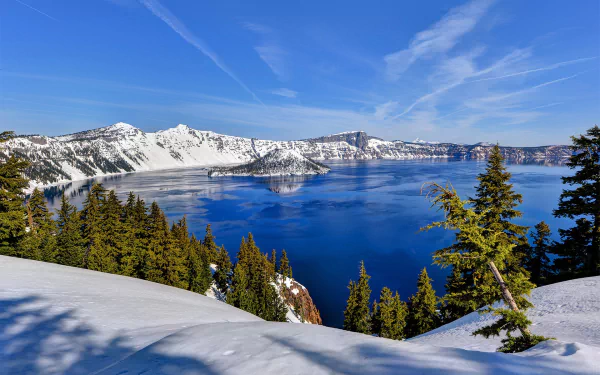 snow island winter lake nature Crater Lake HD Desktop Wallpaper | Background Image