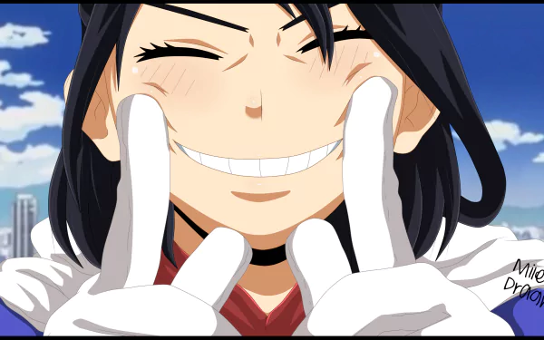 HD anime wallpaper featuring Nana Shimura from My Hero Academia smiling brightly against a blue sky background, designed for PC desktops.