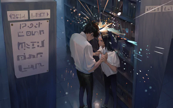 bookshelf blue eyes black hair short hair long hair Anime Original HD Desktop Wallpaper | Background Image