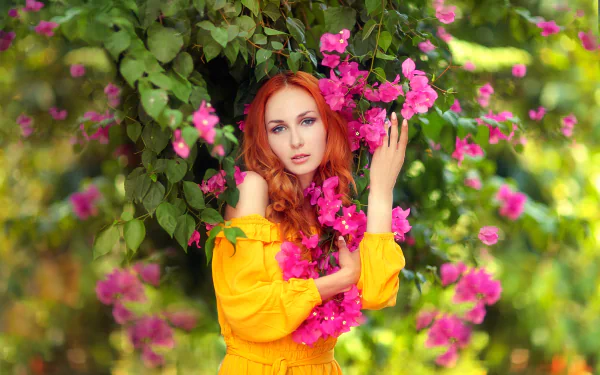 pink flower yellow dress redhead woman model HD Desktop Wallpaper | Background Image