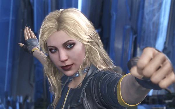 Black Canary from Injustice 2, mid-attack in a 4K Ultra HD video game PC desktop wallpaper with a cool blue crystalline backdrop.
