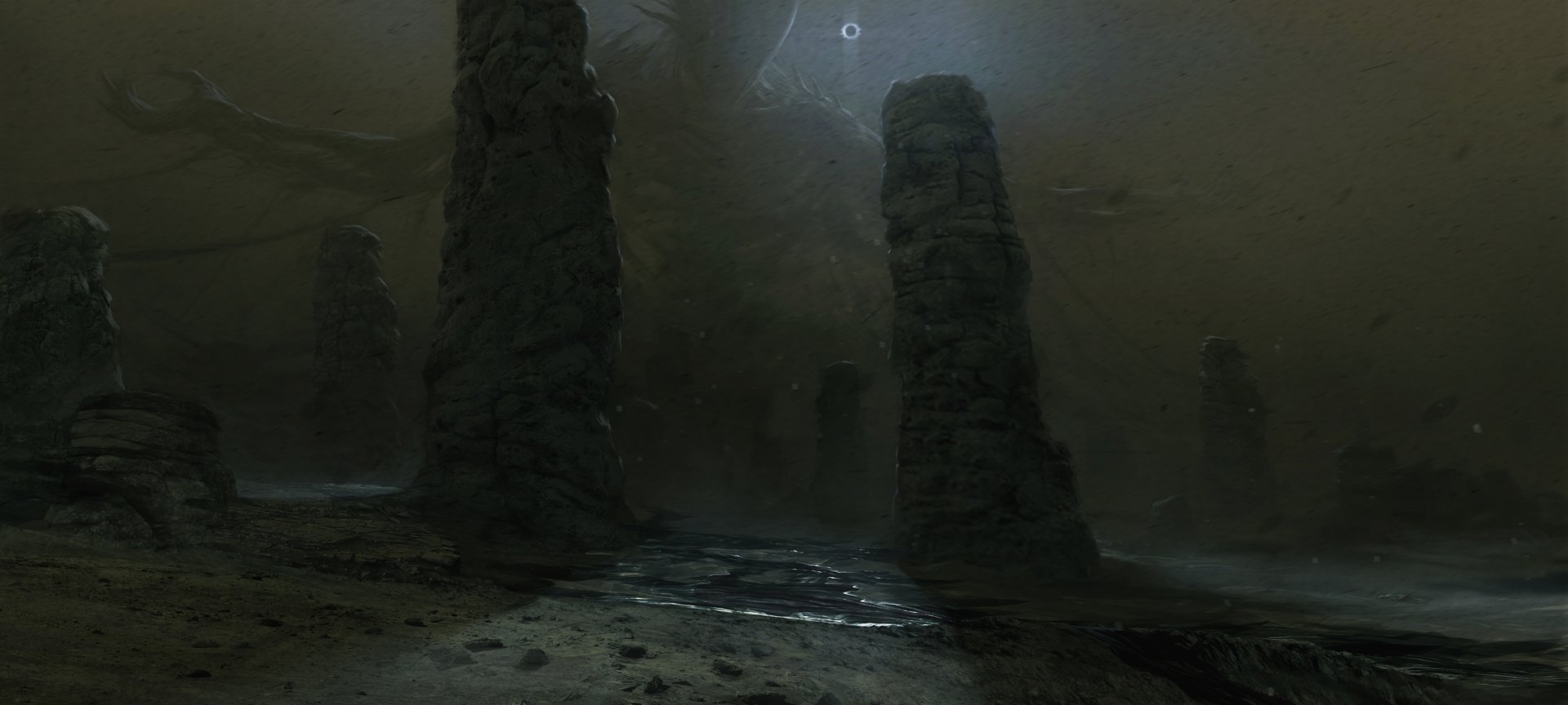 Dark fantasy HD desktop wallpaper depicting towering stone monoliths in a foggy, eerie landscape with a shadowy monster lurking in the background.