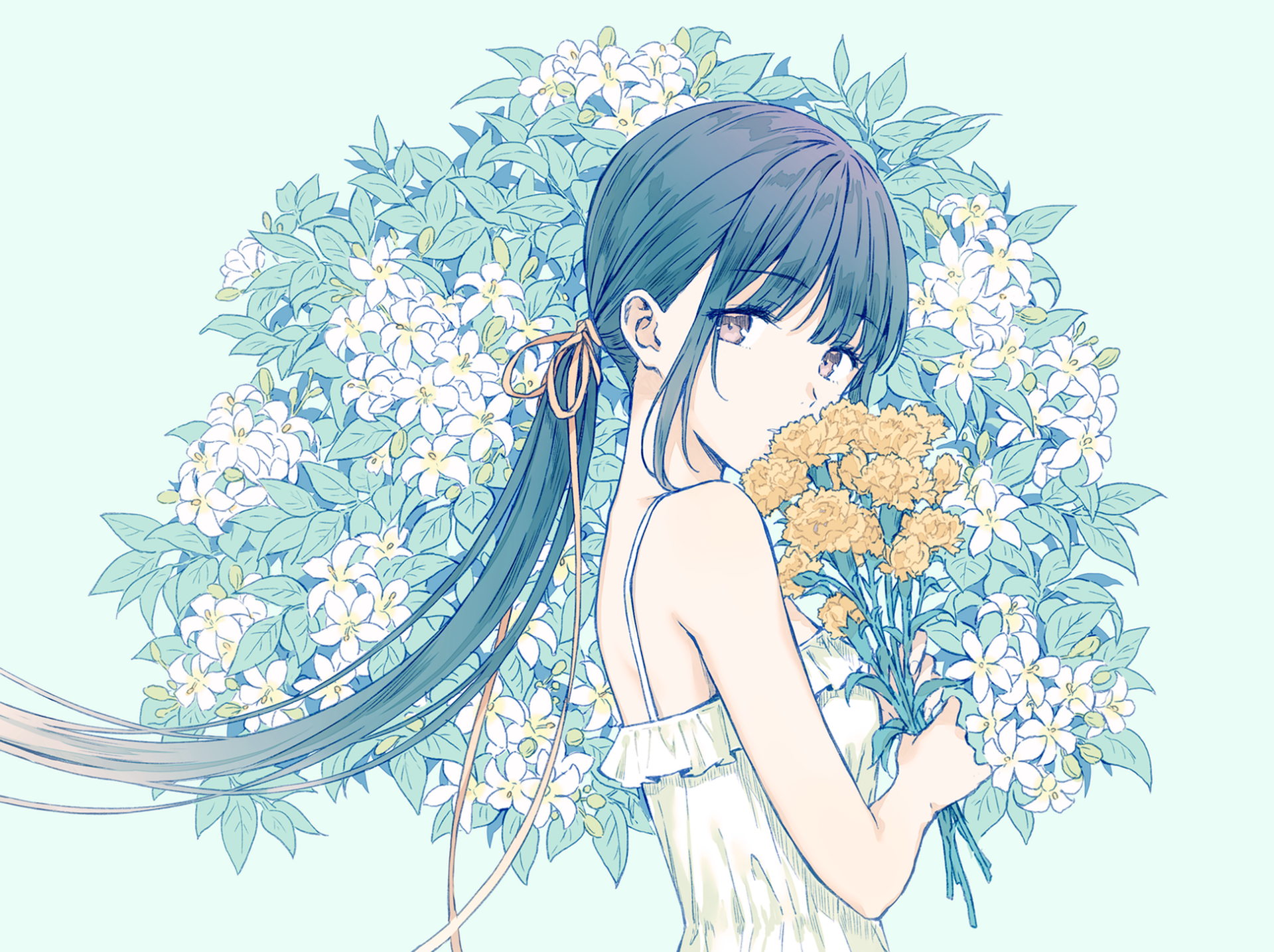 HD Anime wallpaper featuring a girl with long brown hair in a ponytail with a bow, brown eyes, and wearing a white dress. She holds yellow flowers, standing in front of a background of lush white, green, and blue blooms.