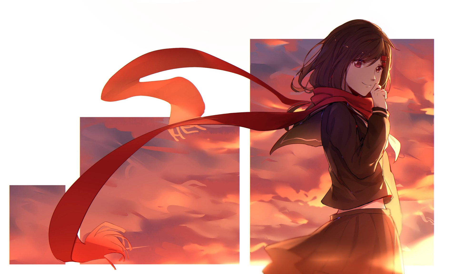 Ayano Tateyama from Kagerou Project standing at sunset with a flowing red scarf across segmented panels — 4K Ultra HD PC desktop wallpaper.