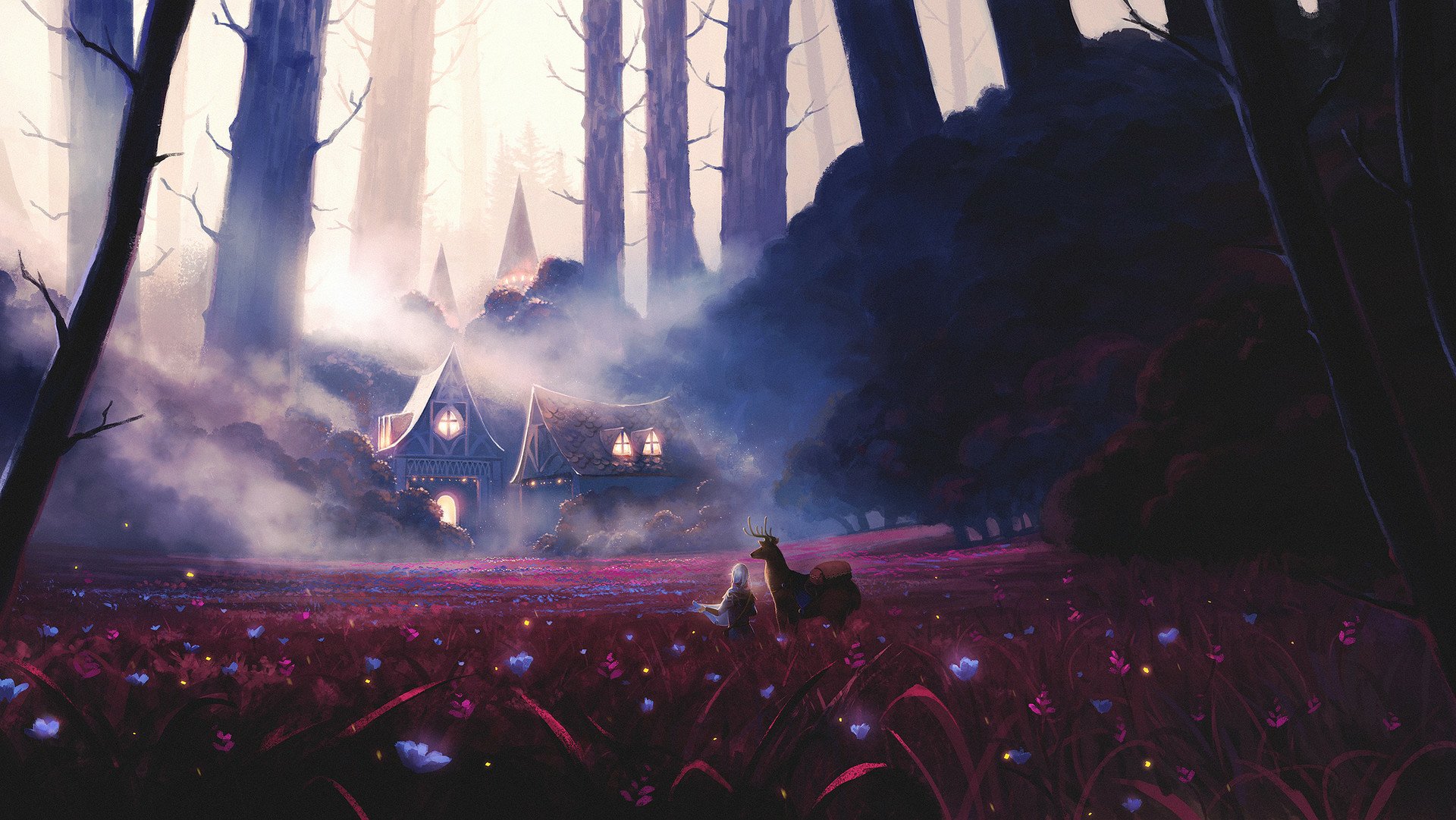 HD PC desktop wallpaper of a fantasy house nestled in foggy woods, surrounded by glowing flowers and a deer standing in the mystical forest clearing.