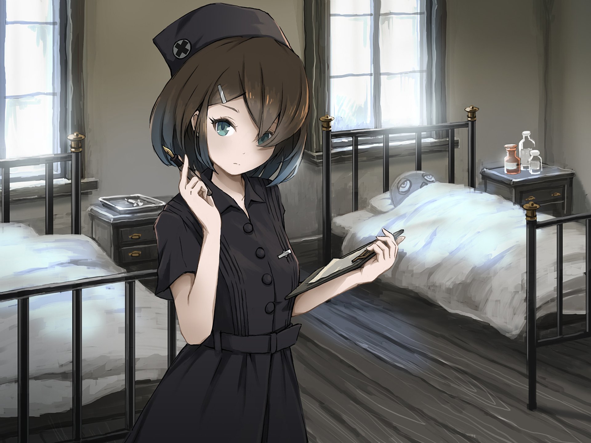 HD anime original artwork of a young nurse with short brown hair in a dark uniform, standing in a softly lit vintage hospital room, designed for PC desktop wallpaper.