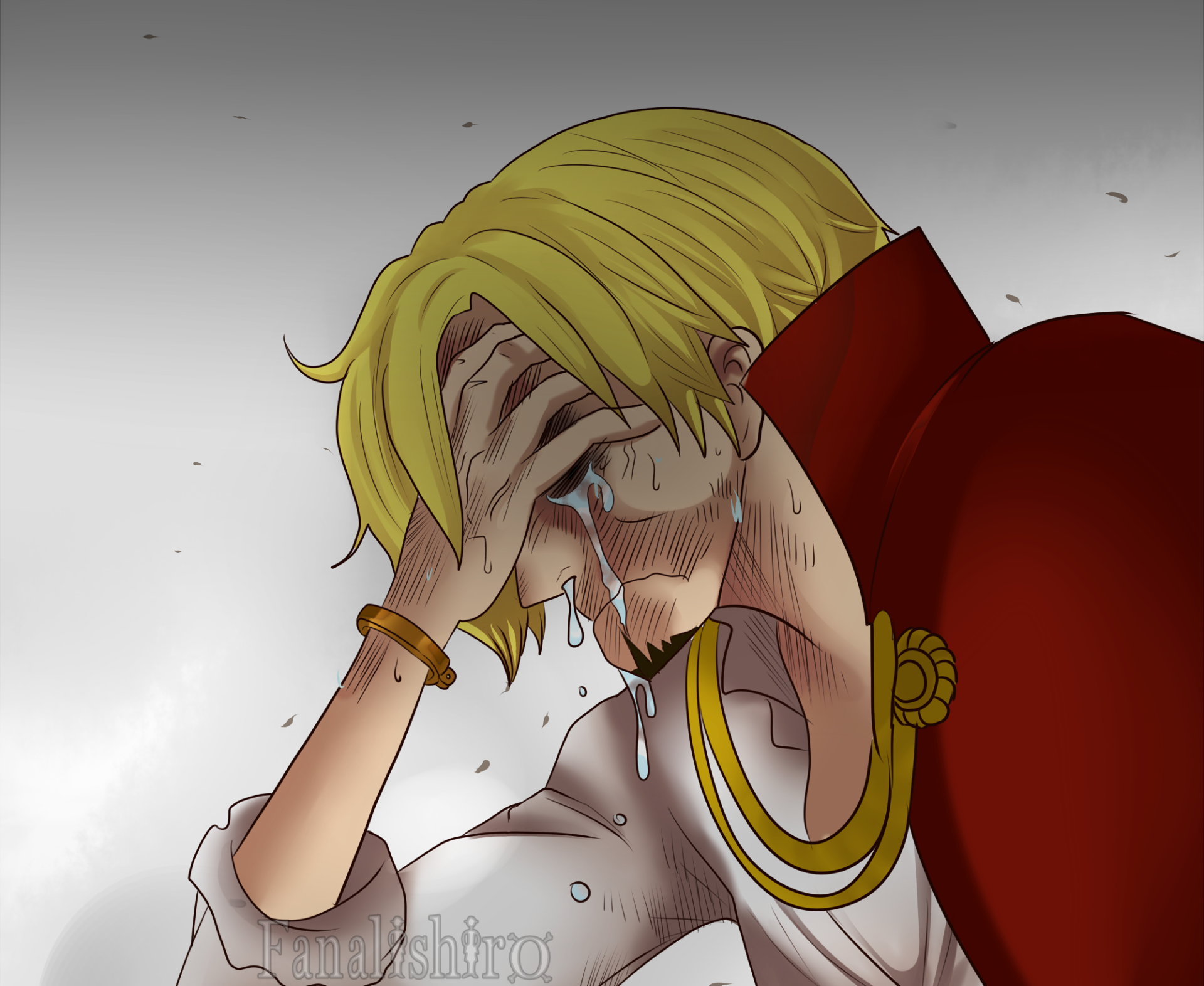 HD anime wallpaper of Sanji from One Piece, a blonde character shown crying with tears streaming down his face and his hand covering part of his forehead.