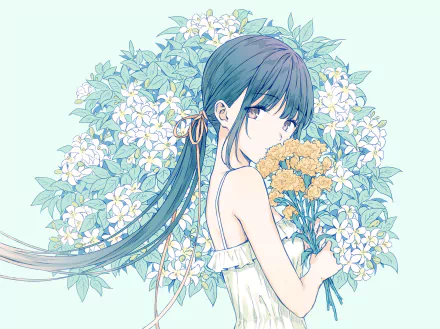 HD Anime wallpaper featuring a girl with long brown hair in a ponytail with a bow, brown eyes, and wearing a white dress. She holds yellow flowers, standing in front of a background of lush white, green, and blue blooms.