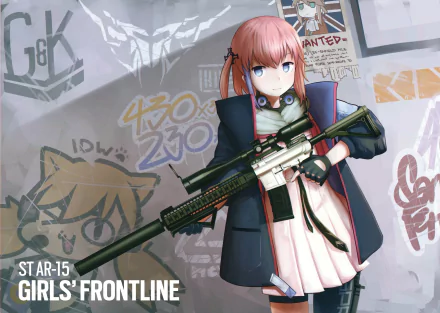 HD desktop wallpaper featuring AR15 from the Girls Frontline video game, showcasing the character with a detailed firearm against a graffiti-style background.
