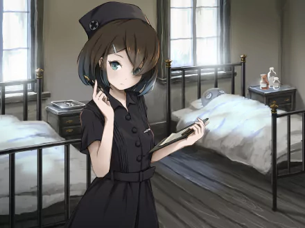 HD anime original artwork of a young nurse with short brown hair in a dark uniform, standing in a softly lit vintage hospital room, designed for PC desktop wallpaper.