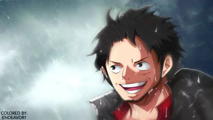 HD PC desktop wallpaper of Monkey D. Luffy from One Piece — anime-style portrait, grinning with wet hair and a stormy, rain-swept background.