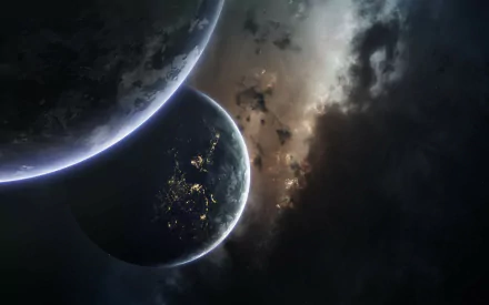 HD Sci-Fi desktop wallpaper depicting two illuminated planets in deep space against a backdrop of cosmic clouds and stars.