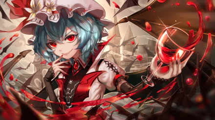 HD anime PC wallpaper featuring Remilia Scarlet from Touhou, surrounded by red petals and holding a glass of red wine with a confident expression.