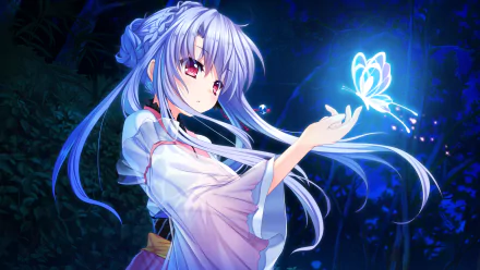 Anime HD wallpaper of Sorakado Ao from Summer Pockets with long purple hair and pink eyes, gently holding a glowing butterfly in a dark, mystical forest setting.
