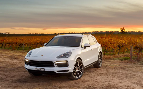 White Porsche Cayenne SUV parked on a dirt road with a scenic sunset and autumn vineyard in the background, captured in 4K Ultra HD for a PC desktop wallpaper.