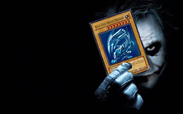 A humorous HD desktop wallpaper featuring a character with a sinister grin, holding a vibrant card from a trading card game against a dark background.