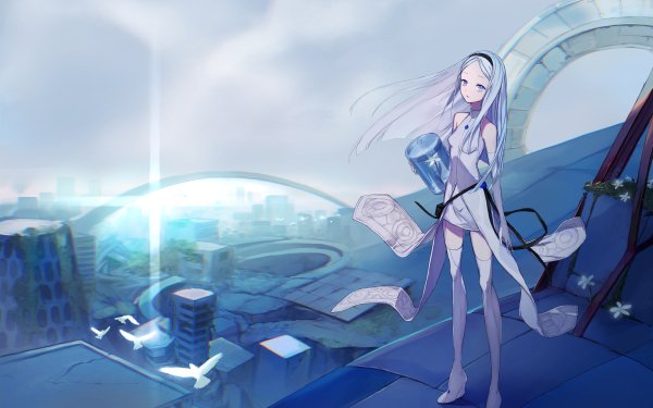 Anime Original Long Hair White Hair Bird Blue Eyes Flower City HD Wallpaper | Background Image