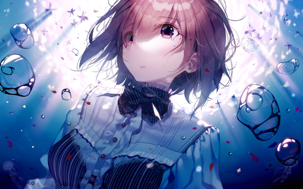 HD desktop wallpaper featuring Mashu Kyrielight from Fate/Grand Order anime. The image depicts her in an underwater setting, with light filtering through, surrounded by bubbles and petals.