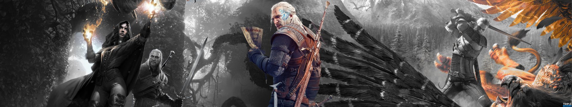 A HD desktop wallpaper featuring Geralt of Rivia from The Witcher 3: Wild Hunt, holding a map with a forest background, tagged with Yennefer of Vengerberg.