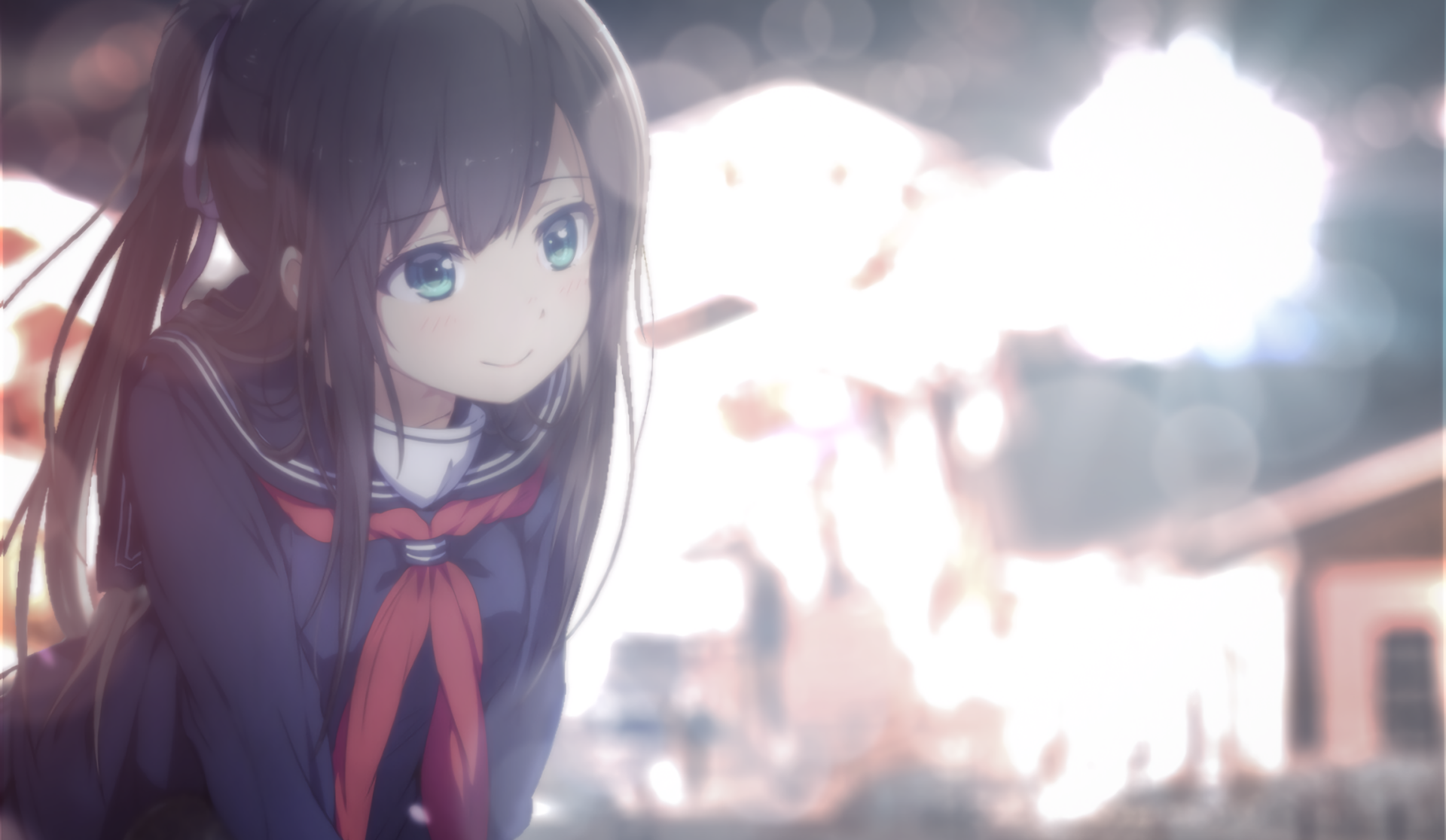 HD desktop wallpaper featuring an original anime character with black hair and green eyes in a school uniform, with a soft and blurred background.